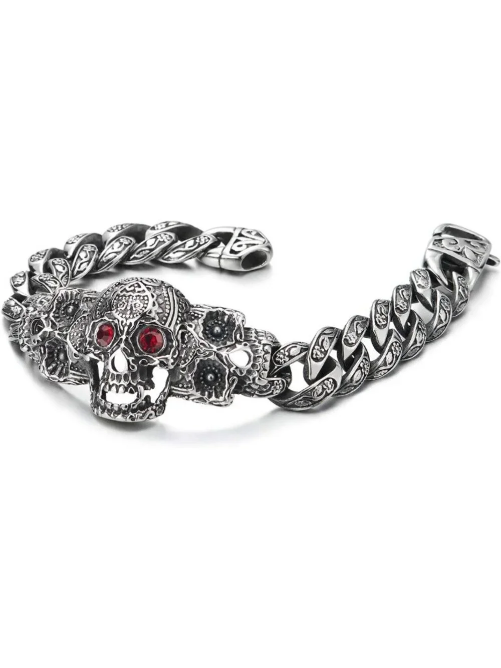 Men's Vintage Sugar Skull Curb Chain Bracelet with Cubic Zirconia Eyes